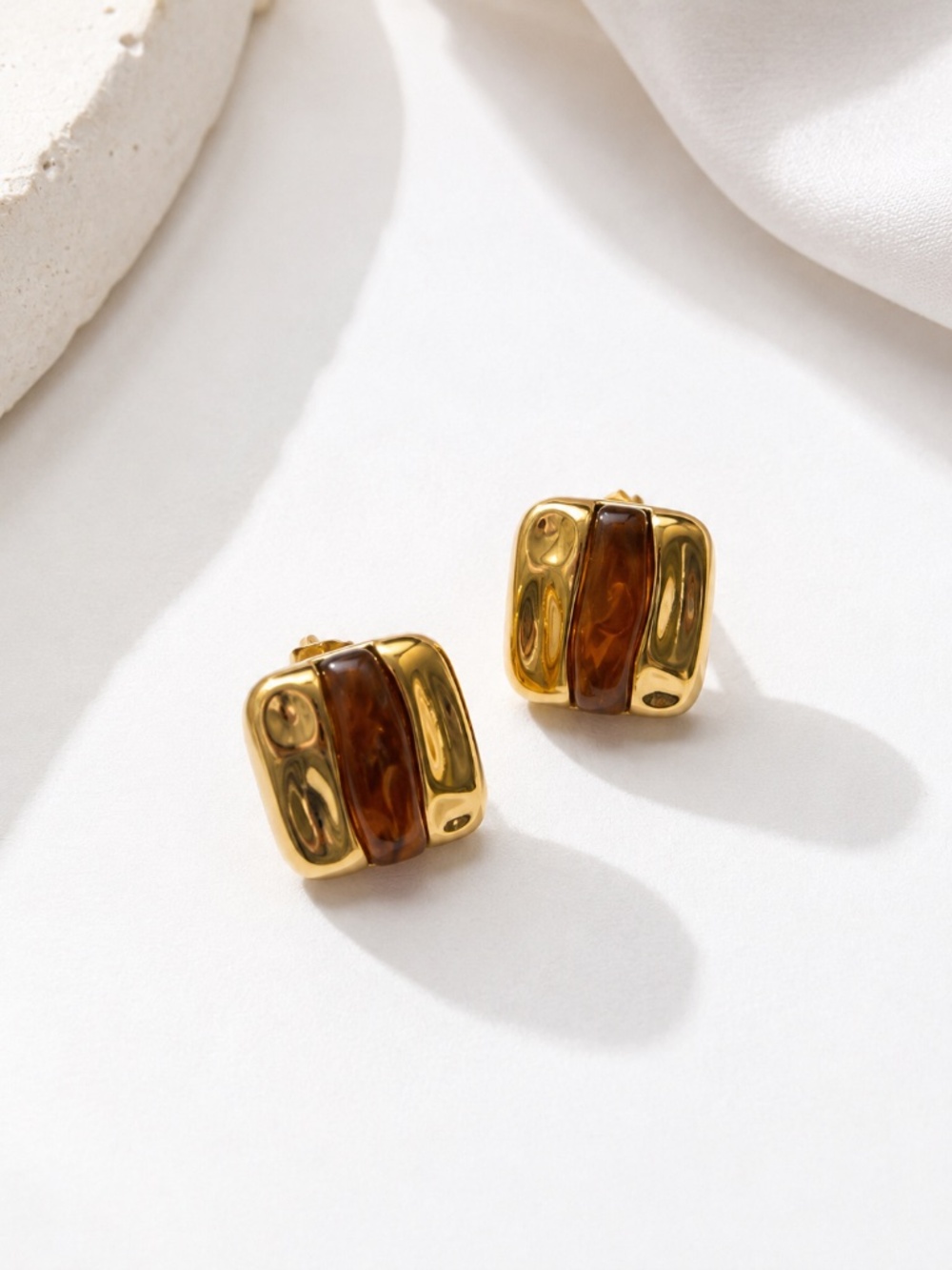 Gold Plated Amber Color Resin Earrings, Chunky Square Studs, Brown